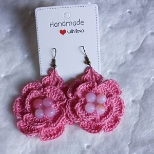 Pink Crochet Flower Earrings with Bead Center